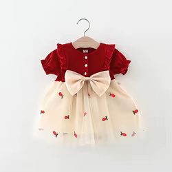 Vestido princesa francés bebé cuello redondo estampado fresa primavera