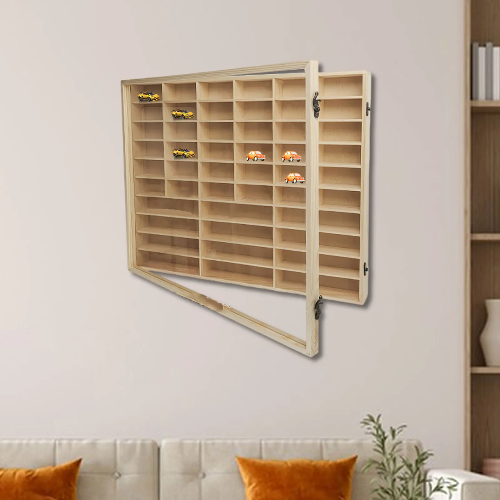 Vitrina de coches de juguete de madera con puerta antipolvo en pared - imagen 3