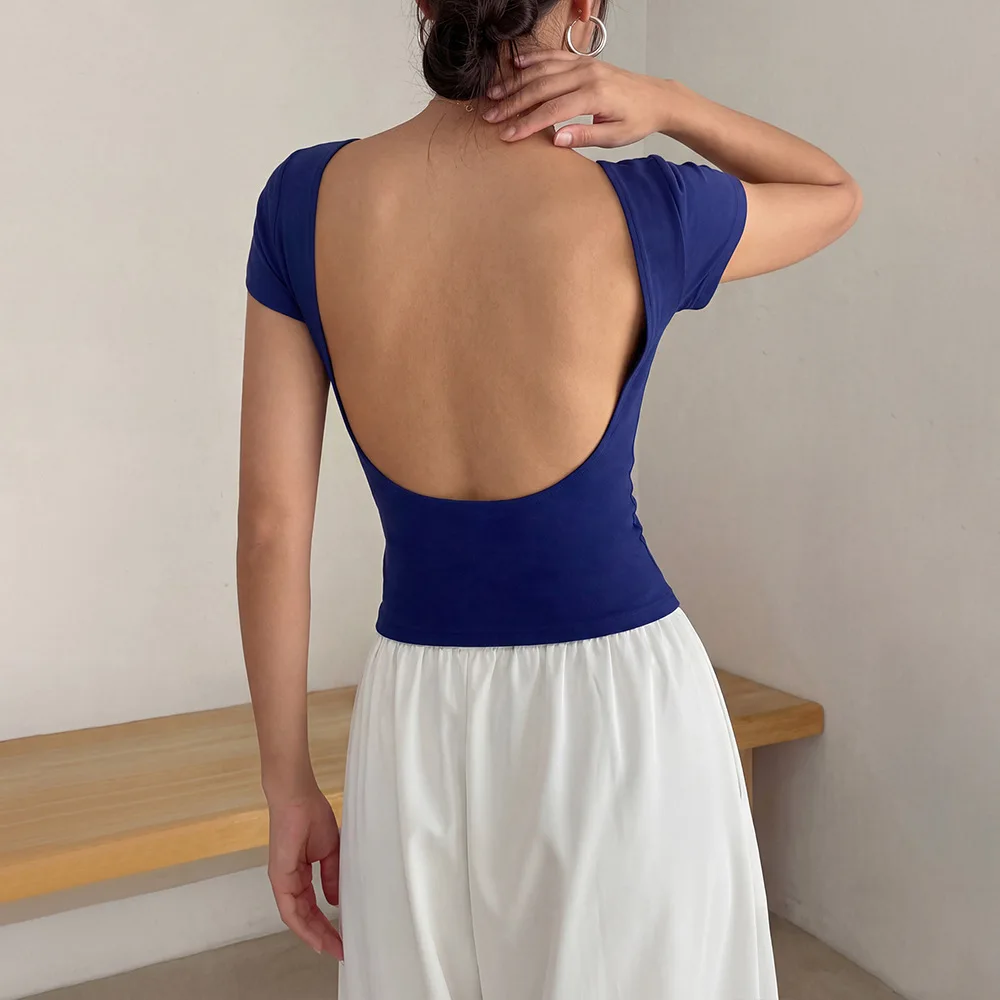 Somenie camiseta corta de cuello en U con espalda abierta para mujer - imagen 2