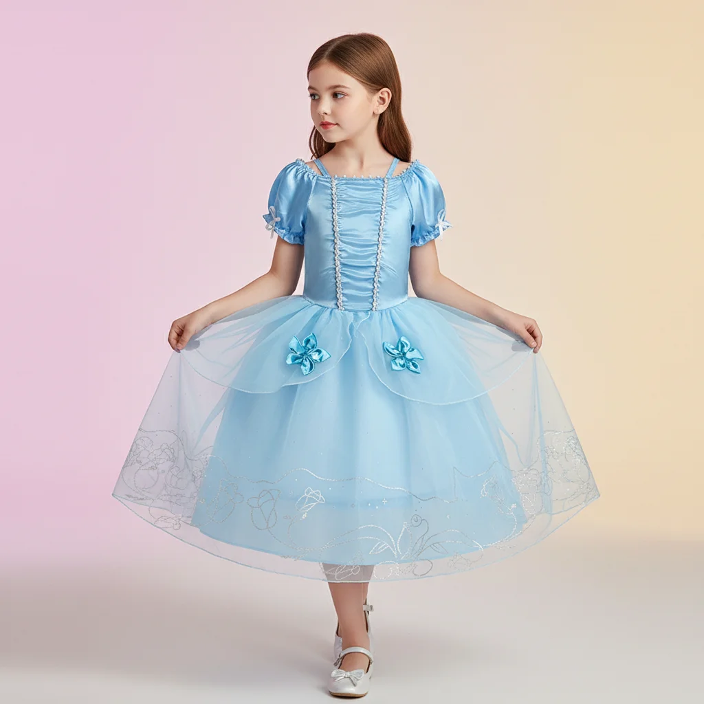 Vestido de princesa azul cielo con detalles brillantes para niñas