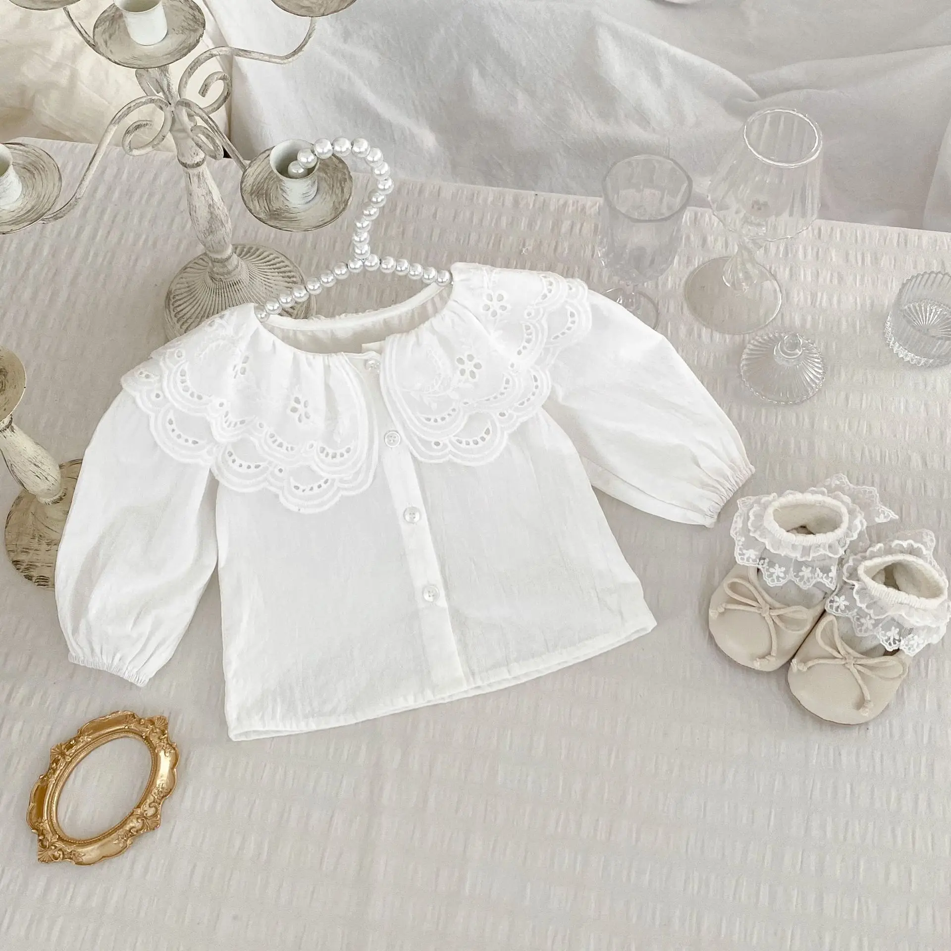 Milangel Blusa de encaje doble capa para niña pequeña