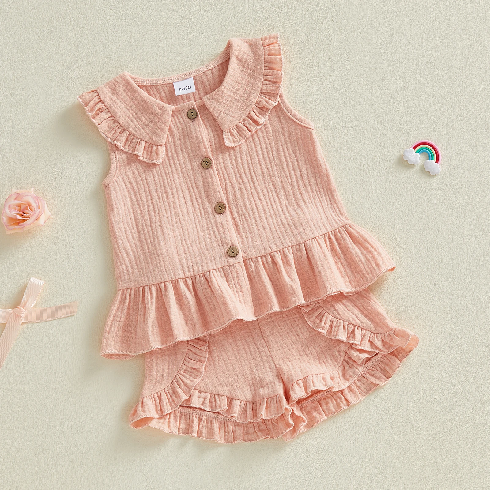 Conjunto de lino de verano plisado para niña con cuello de muñequilla