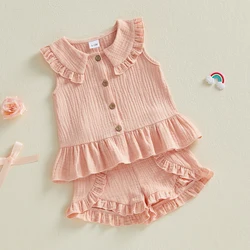 Conjunto de lino de verano plisado para niña con cuello de muñequilla