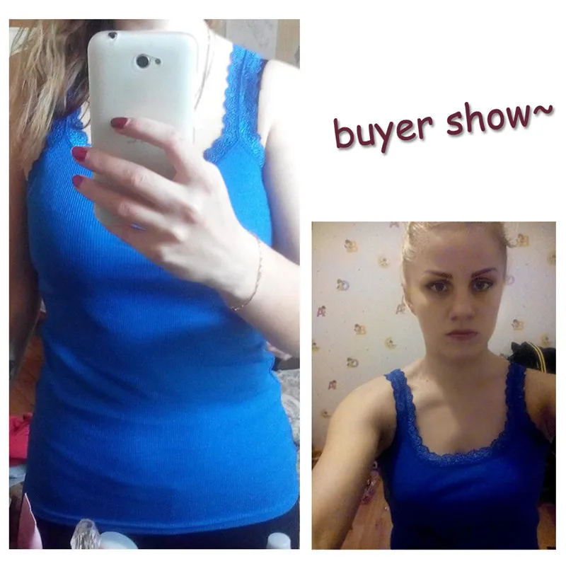Camisola de algodón sin mangas con encaje y cuello en U ajustada - imagen 4
