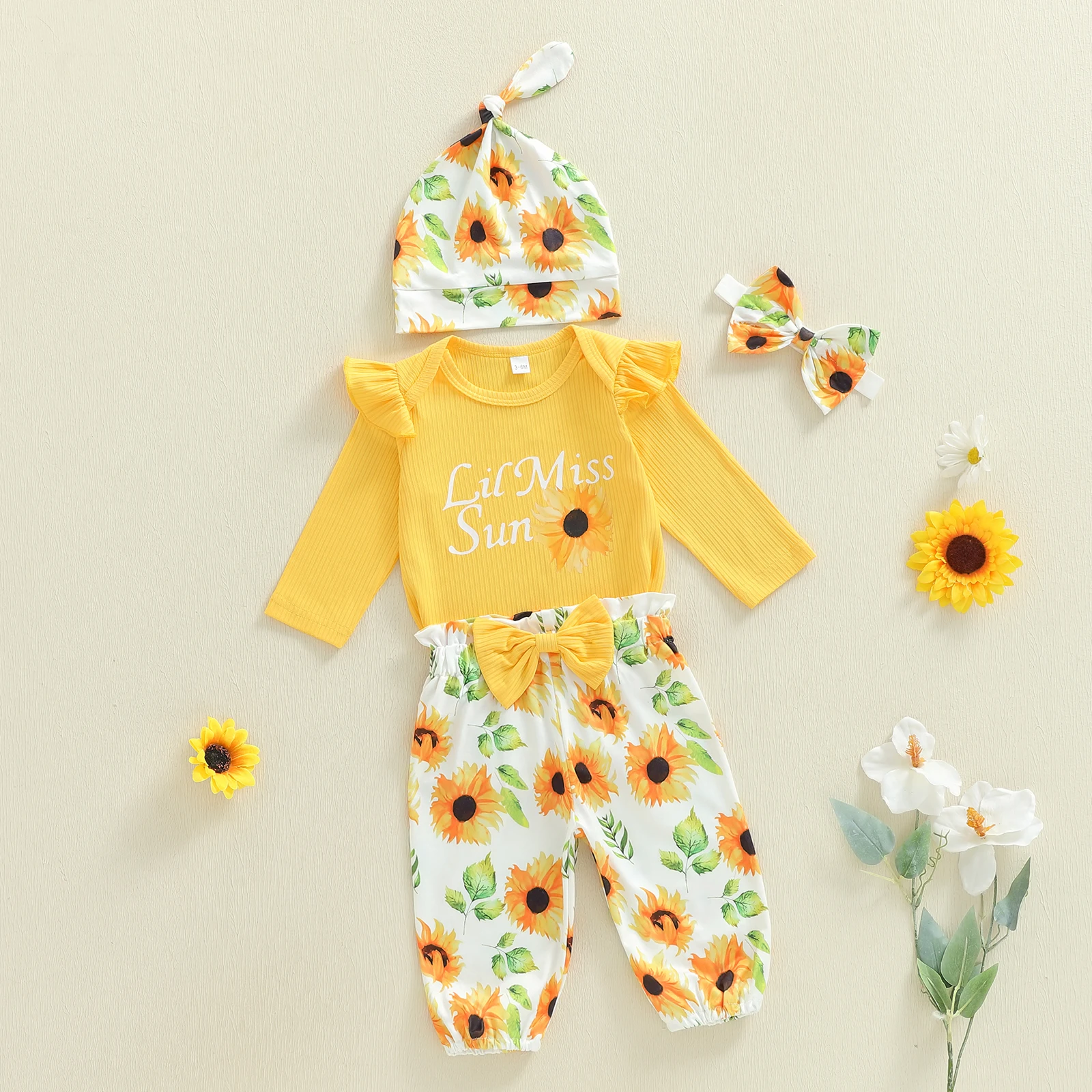 Tregren conjunto recién nacida girasol: pelele manga larga y diadema