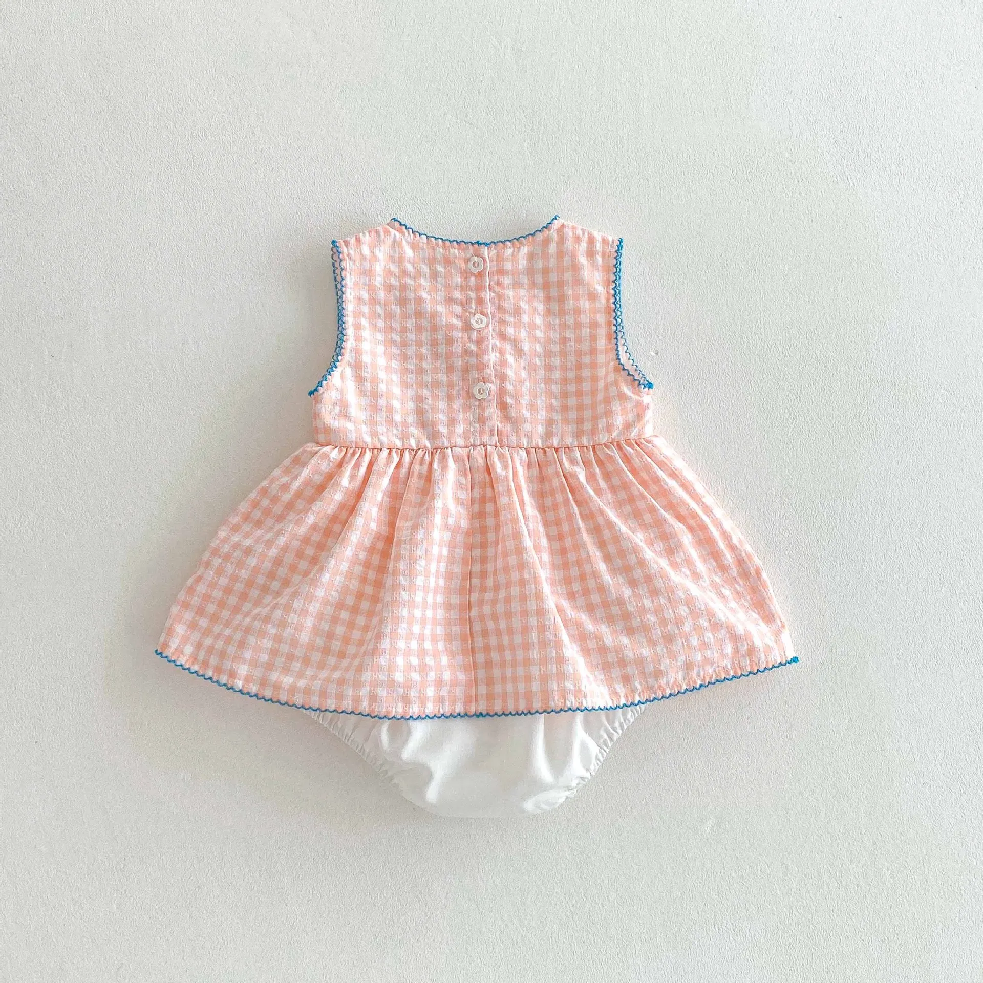 Mono de verano para bebé – conejito bordado floral, cuadros sin mangas - imagen 5