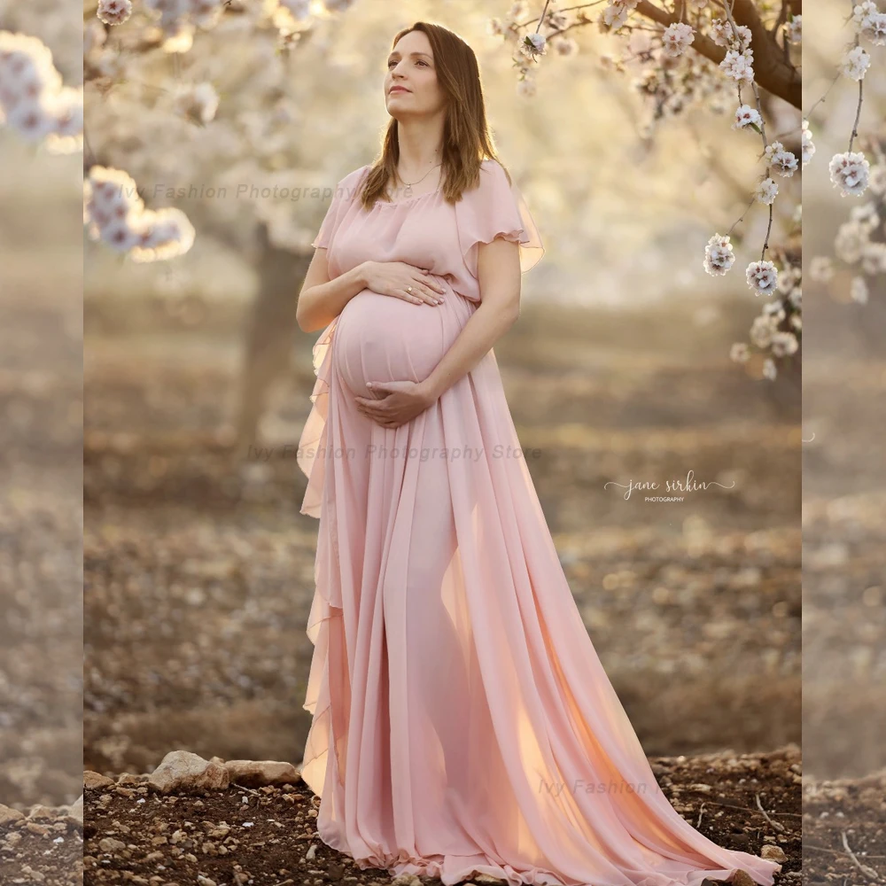 Vestido de embarazo bohemio en gasa con volantes en mangas - imagen 2