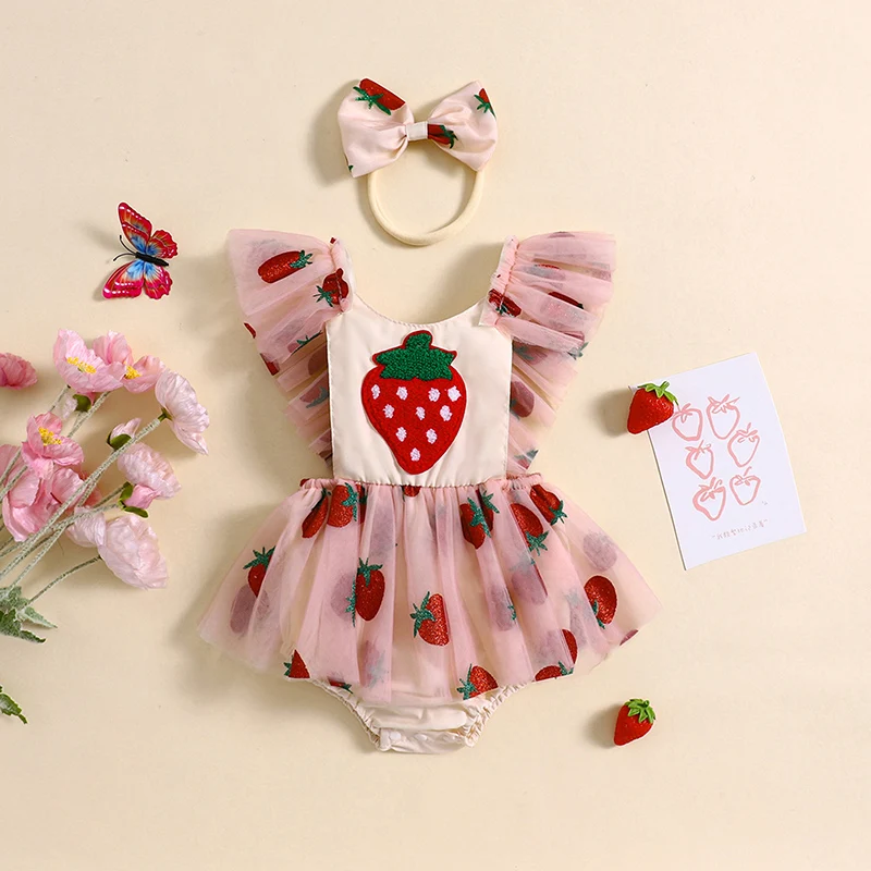 Conjunto verano bebé niña – Pelele vestido estampado fresas y diadema - imagen 4