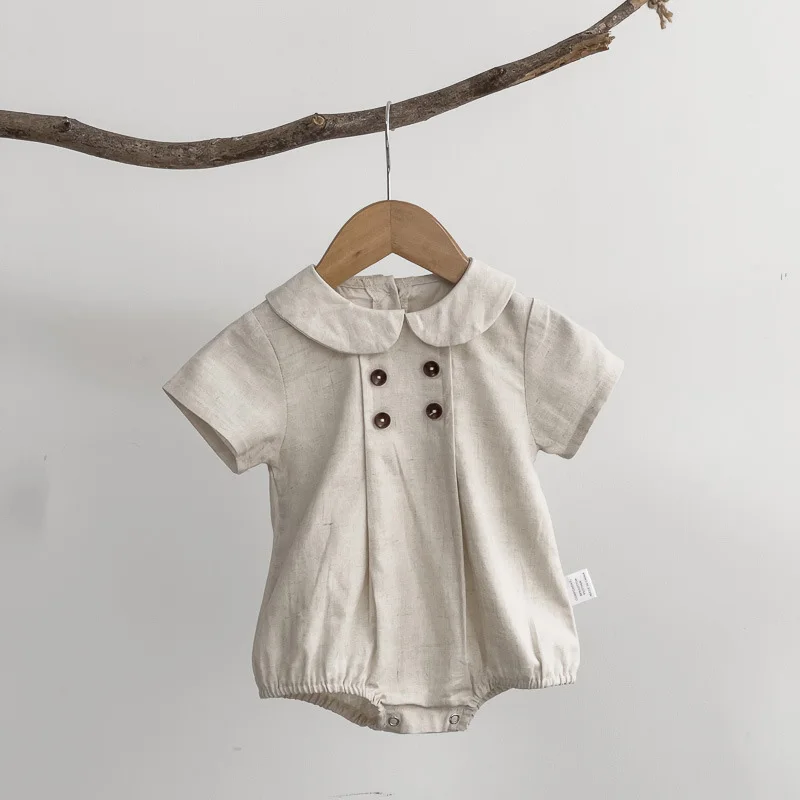 Milangel body bebé lino algodón rayas cuello Peter Pan