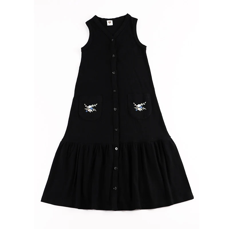 Vestido maxi acanalado negro para niñas - Sin mangas y bordado floral - imagen 2