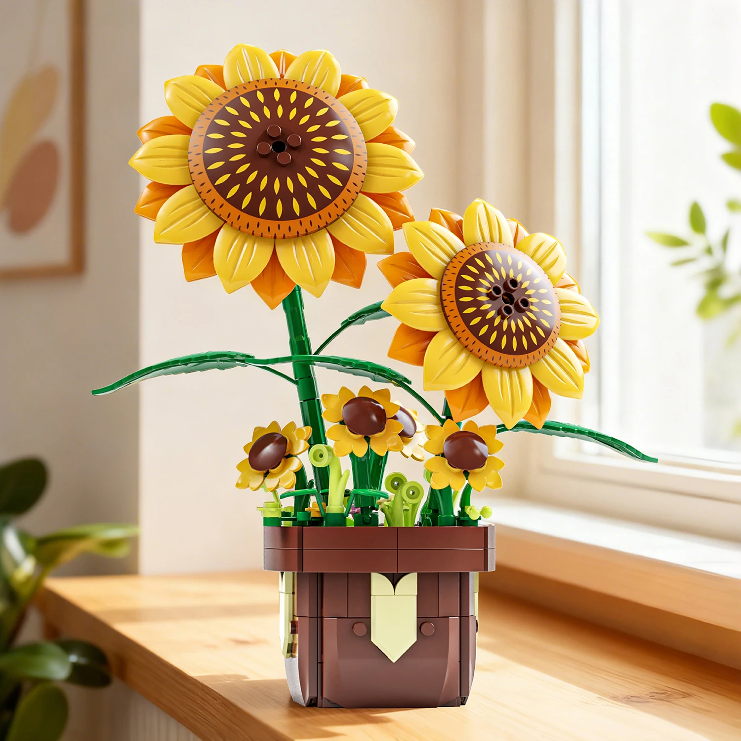 Bloques de construcción con girasol en maceta para armar