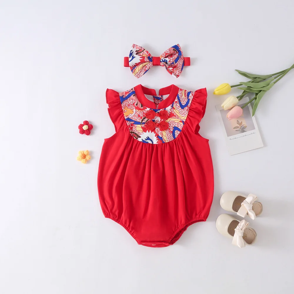 Vestido de verano para bebé con estilo chino y lazo rojo, sin mangas y de algodón