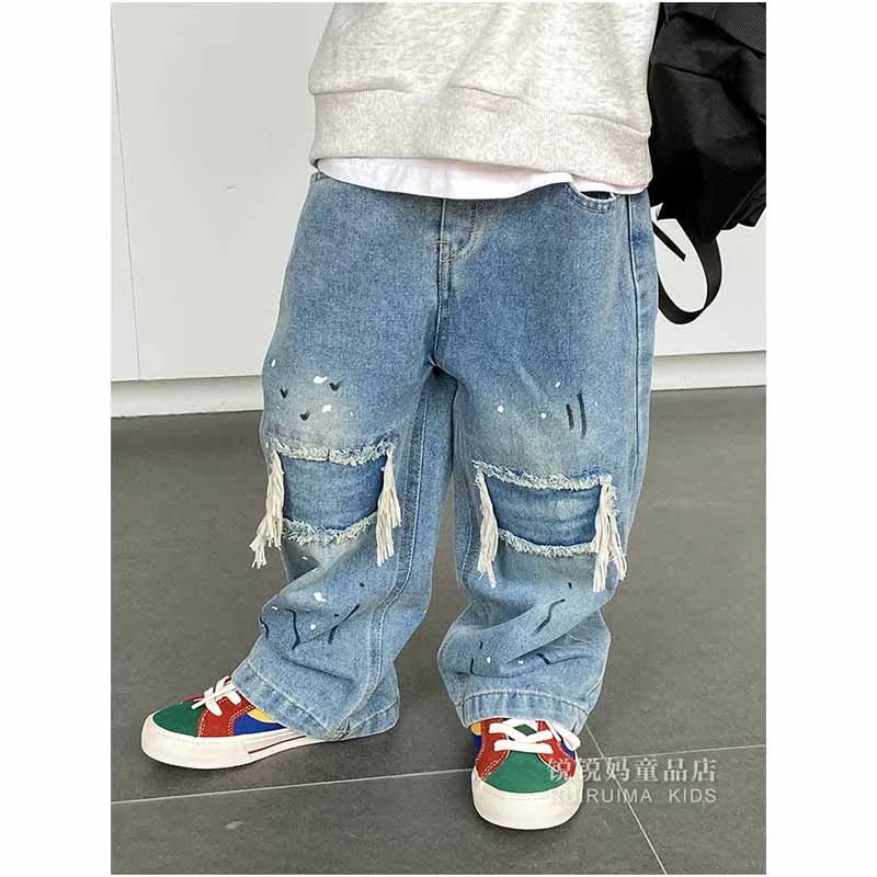 Vaqueros de pierna ancha para niños con agujeros estilo casual - imagen 2