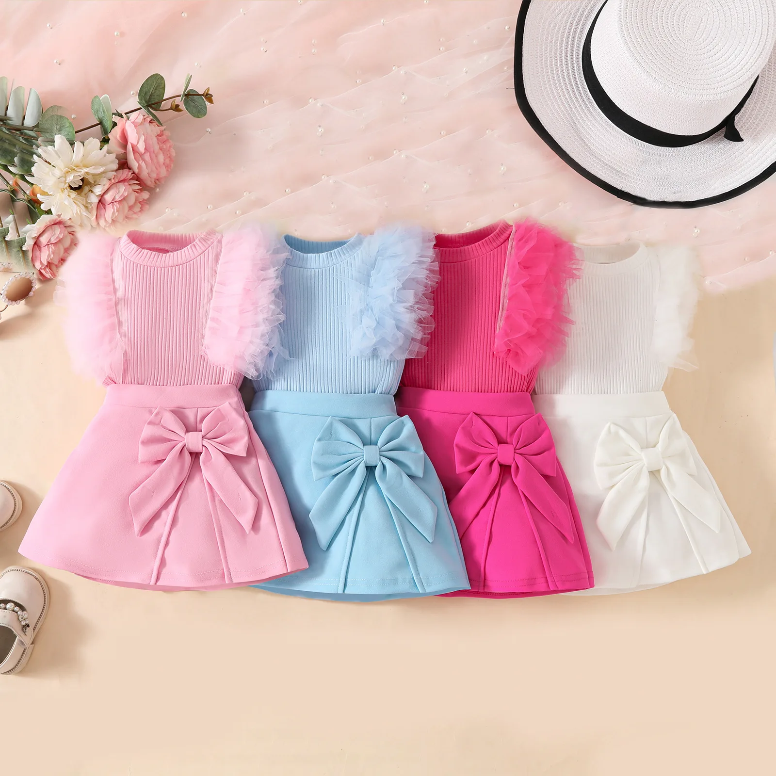 Conjunto verano niña encaje de algodón sin mangas pantalón corto lazo - imagen 3