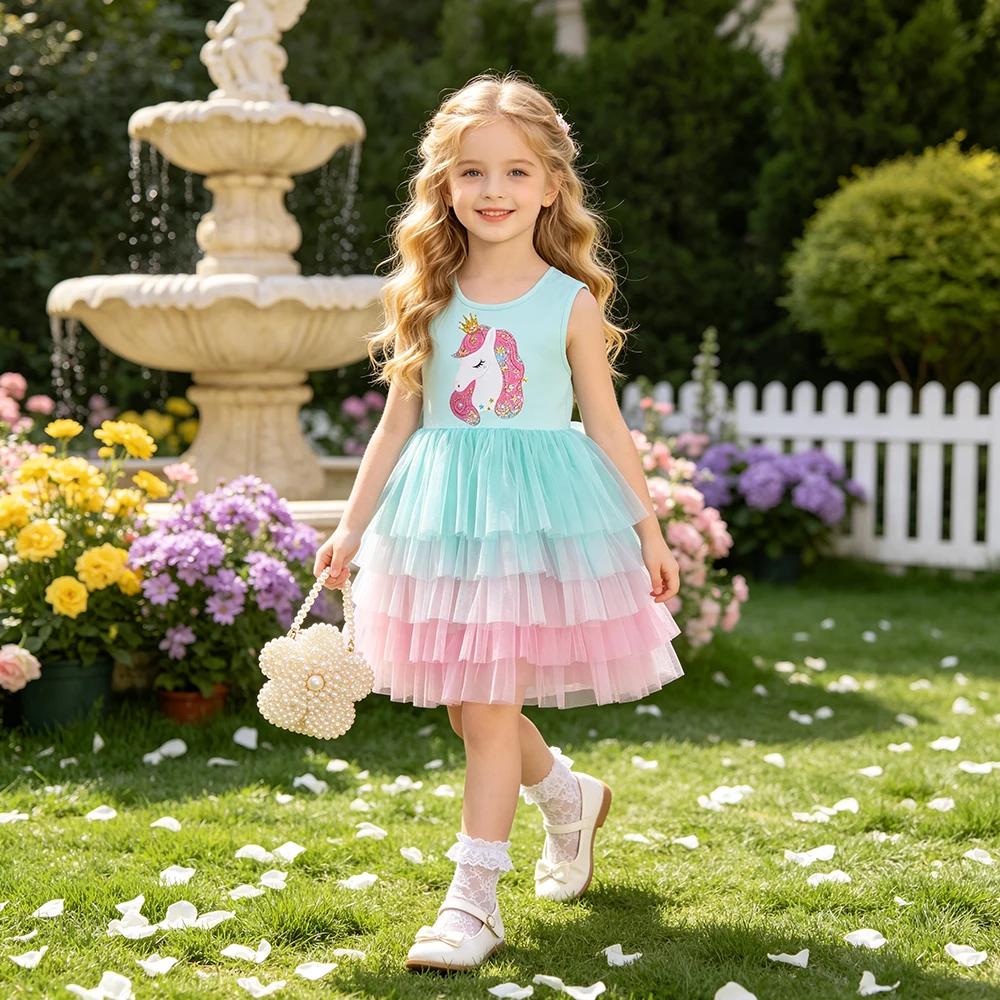 DXTON Vestido de princesa de algodón sin mangas con capa de malla - imagen 4