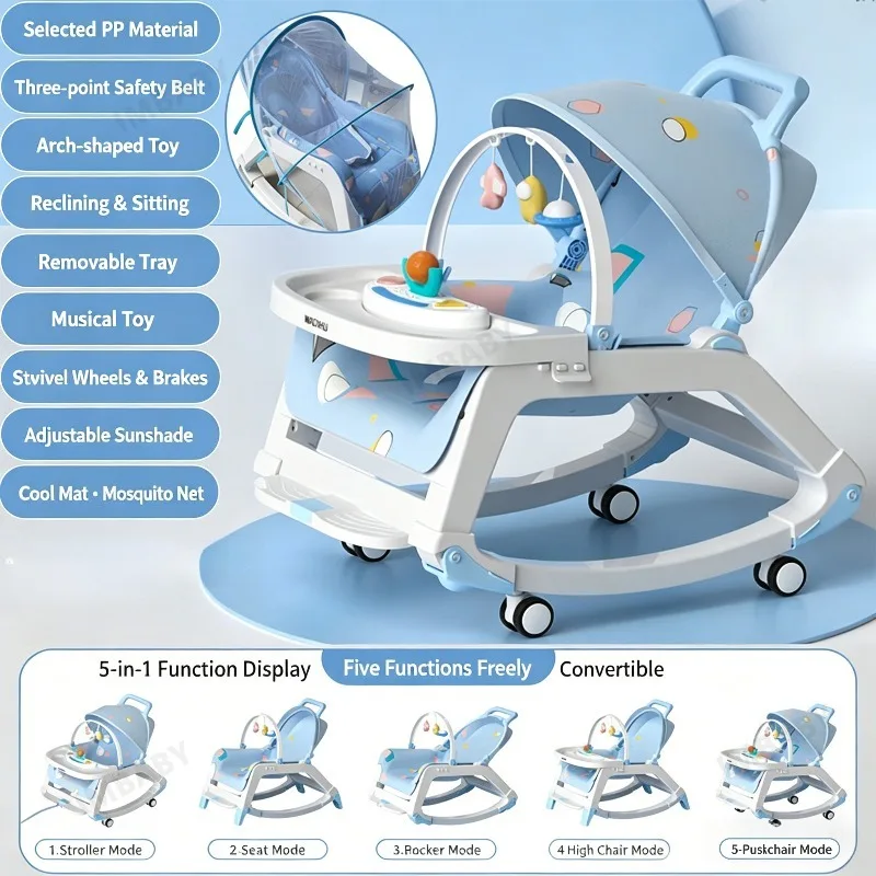 Silla mecedora bebé multifuncional ajustable para comer con música