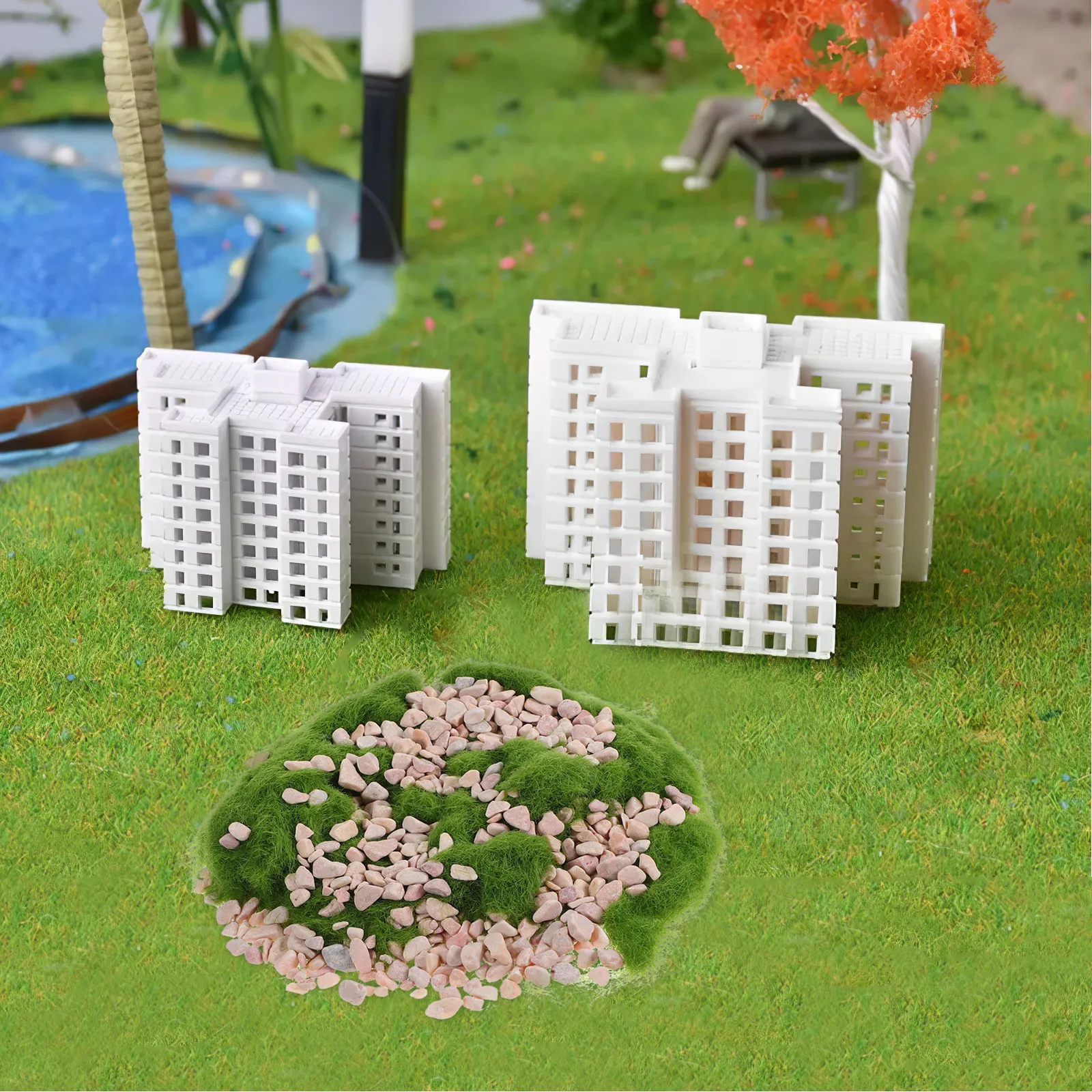 Textura de polvo de césped artificial y piedras verdes para dioramas