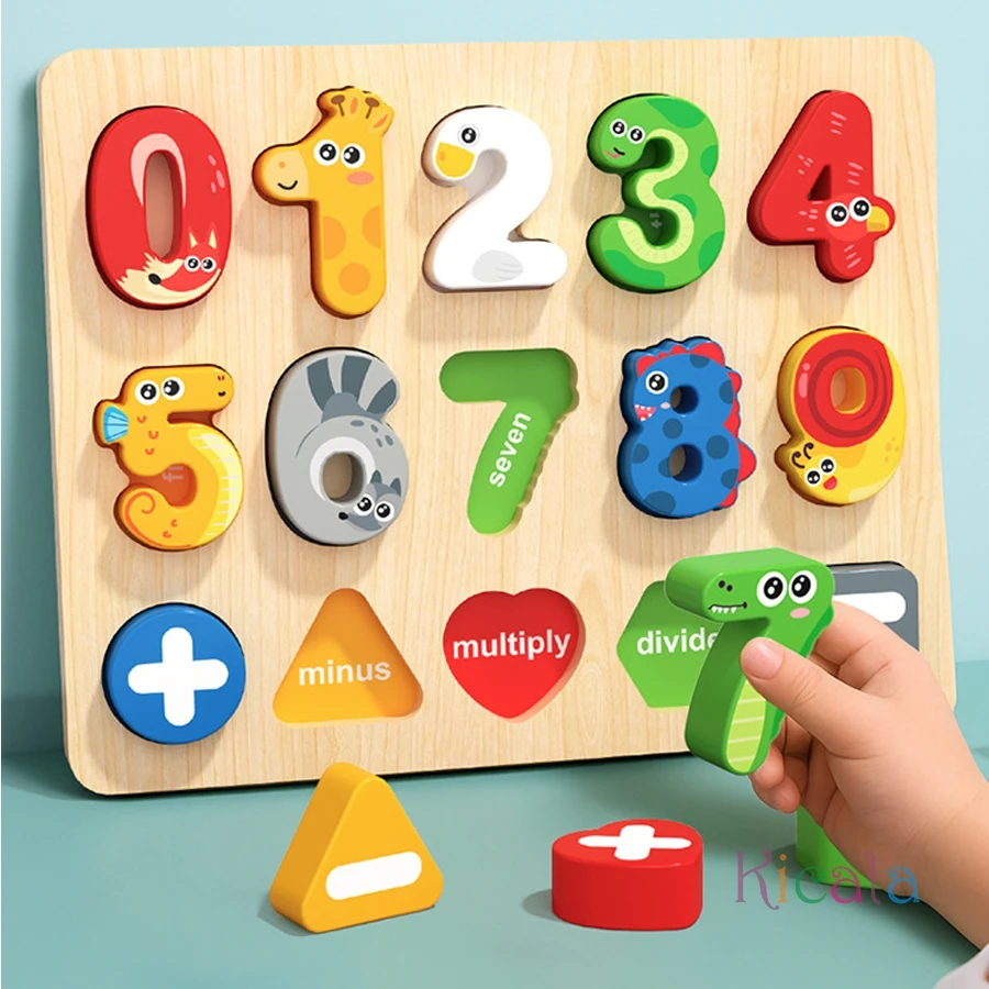 Tablero Montessori de madera con letras y números en formas