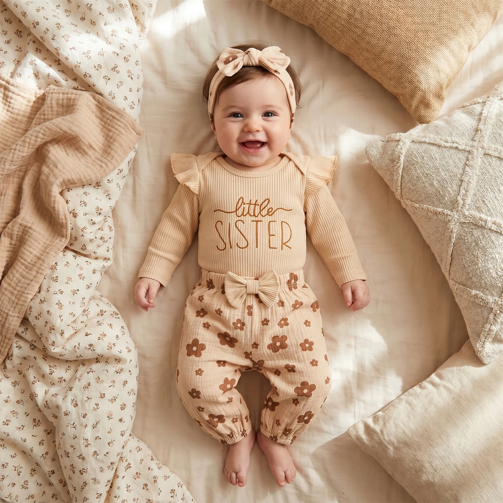Conjunto recién nacido bebé niña bordado floral canalé y diadema - imagen 3