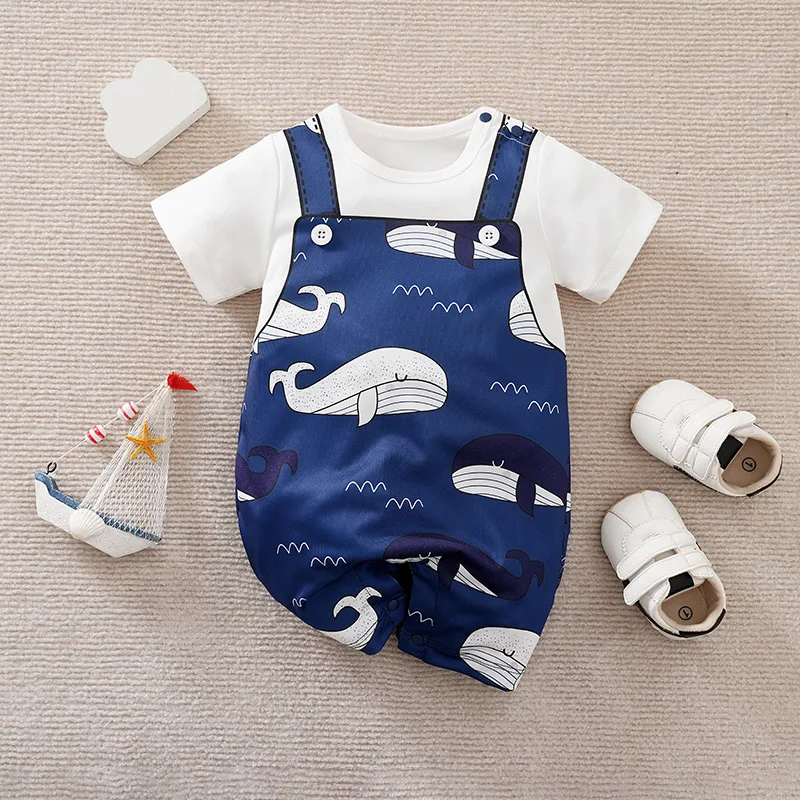 Pelele bebé con estampado ballena azul, manga corta veraniega