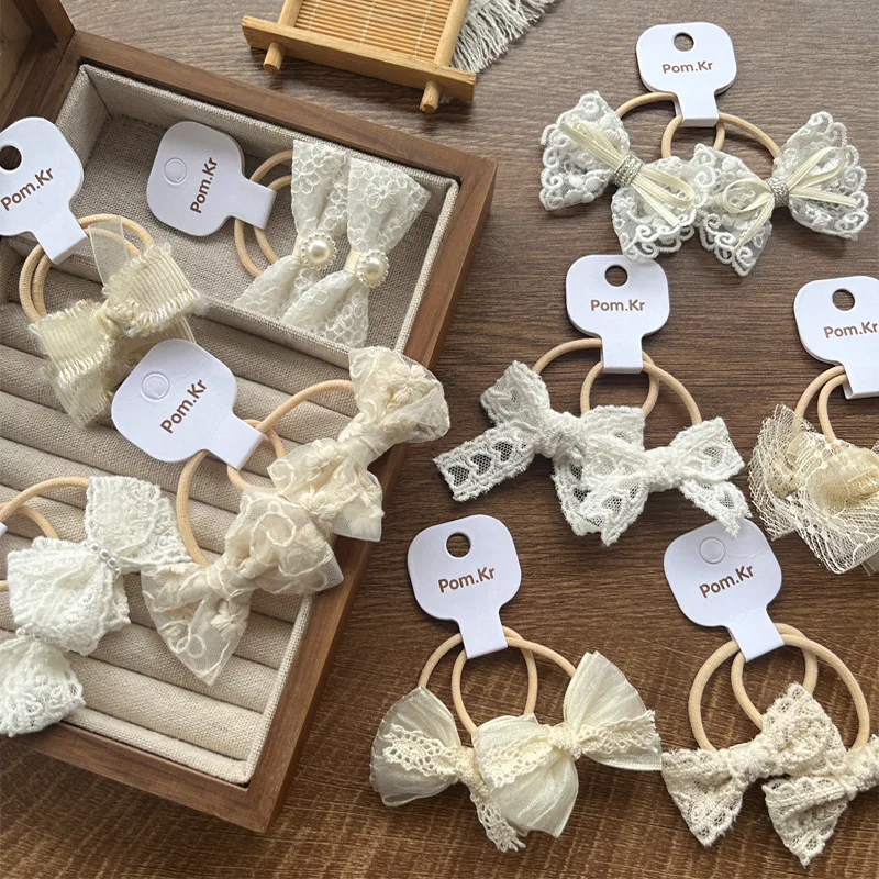 Coleteros elásticos para niñas con lazo de encaje floral beige - imagen 5