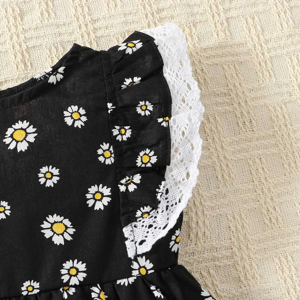 Conjunto vestido niña margaritas de encaje sin mangas negro verano - imagen 4