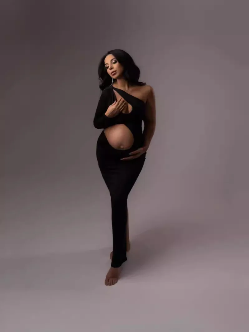 Vestido de maternidad asimétrico un hombro manga larga para fotos - imagen 5