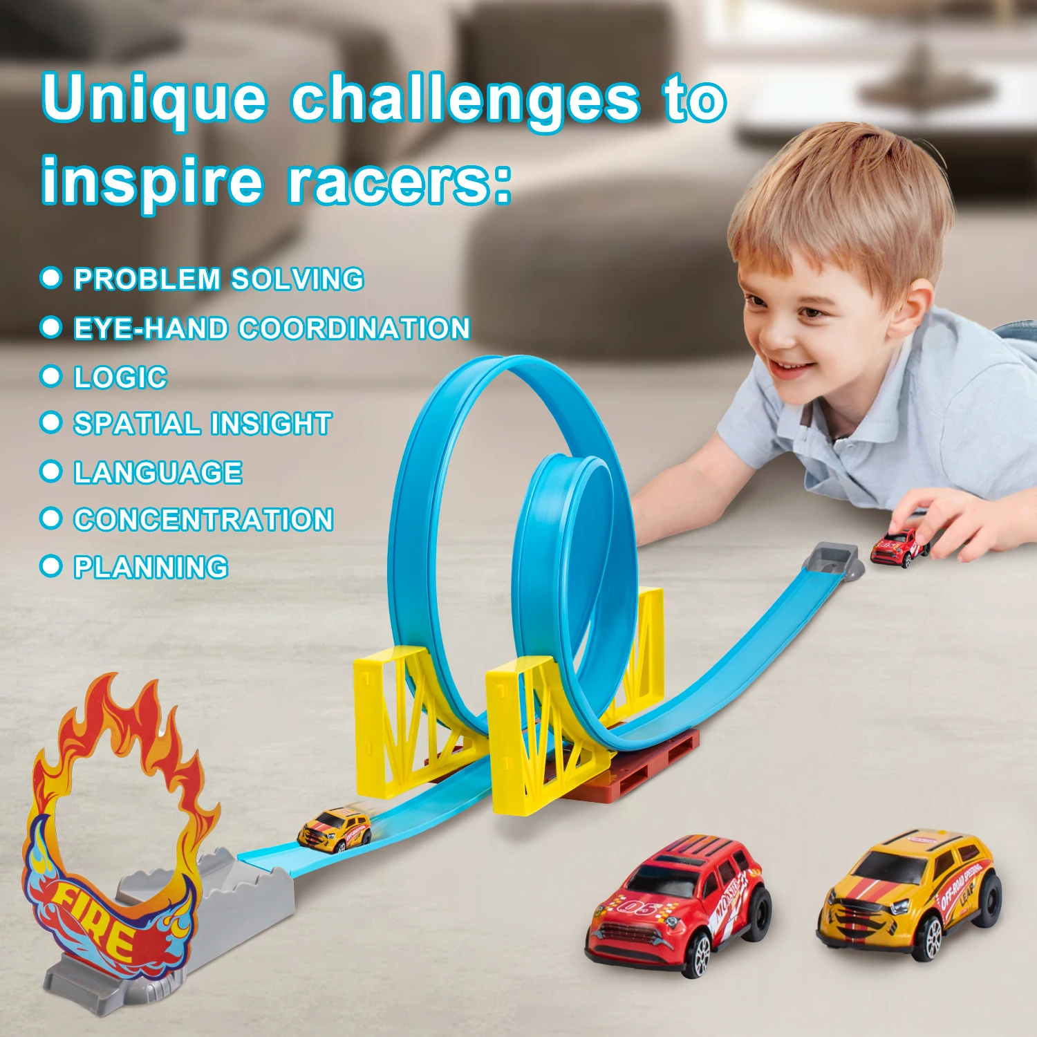 Pista de carreras acrobática montaje DIY con coches para niños - imagen 5