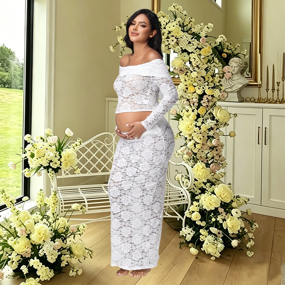 Conjunto de maternidad de encaje con vestido hombros descubiertos - imagen 5