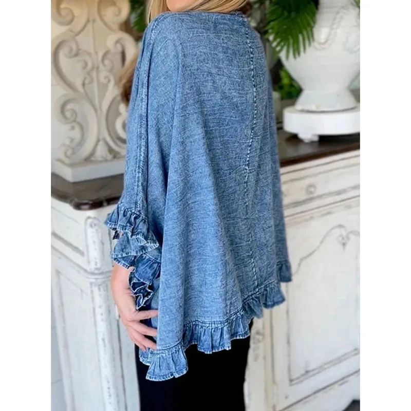 Chaqueta vaquera vintage de mujer holgada con bolsillos y volante - imagen 4