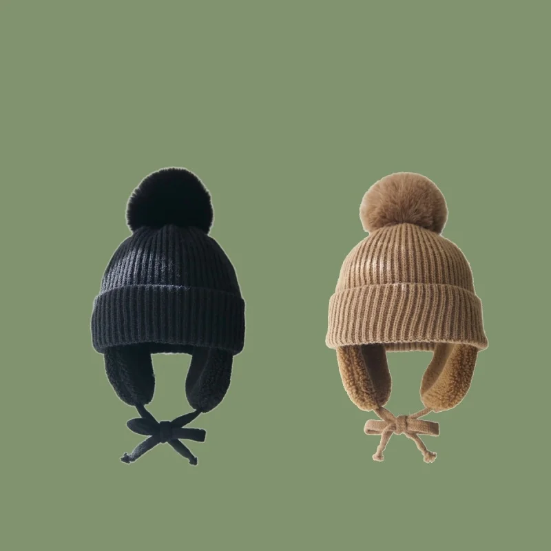 Gorro de invierno con orejeras y pompón – Lana suave para niño - imagen 2