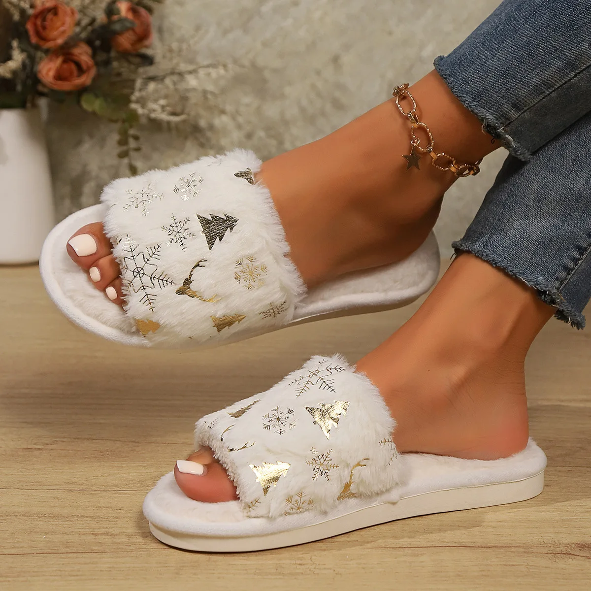 Zapatillas navideñas para niña de felpa suave con interior cálido - imagen 2