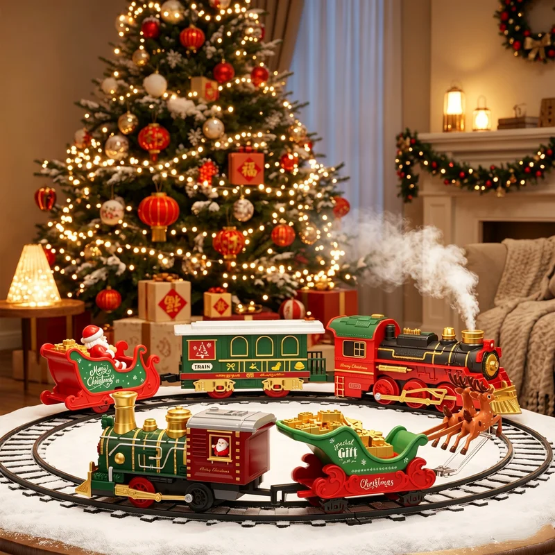 Tren eléctrico navideño con luces y música, vía de montaje clásica