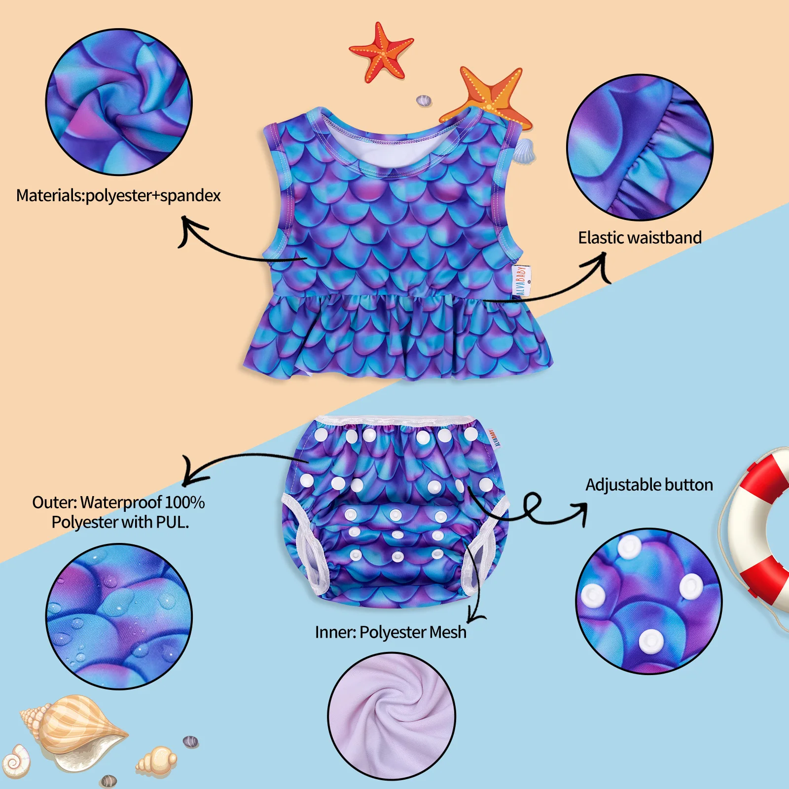 ALVABABY Bañador sin mangas para niña - Conjunto de baño de moda - imagen 3