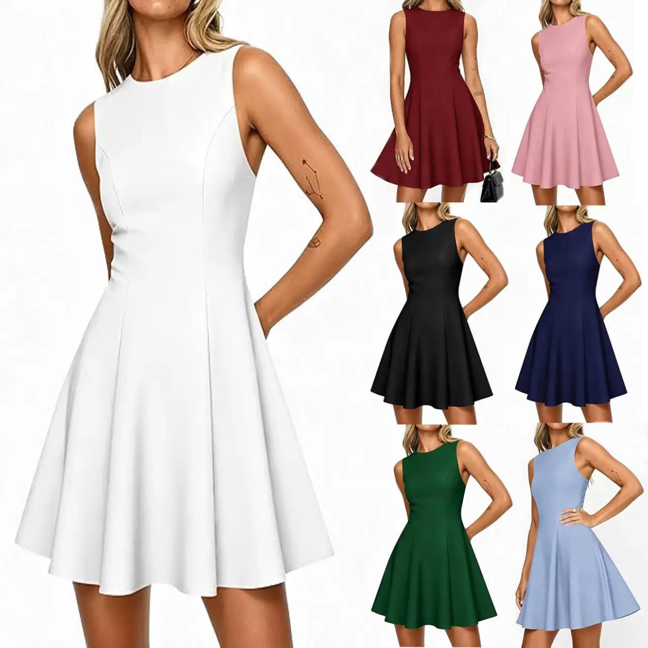 Vestido de verano sin mangas con cuello barco y corte A elegante - imagen 5