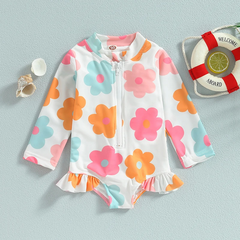Tregren bañador de manga larga floral con cremallera para niñas