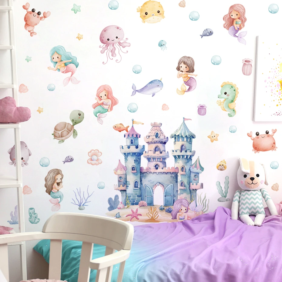 Vinilo pared infantil de sirena y animales marinos estilo acuarela - imagen 2