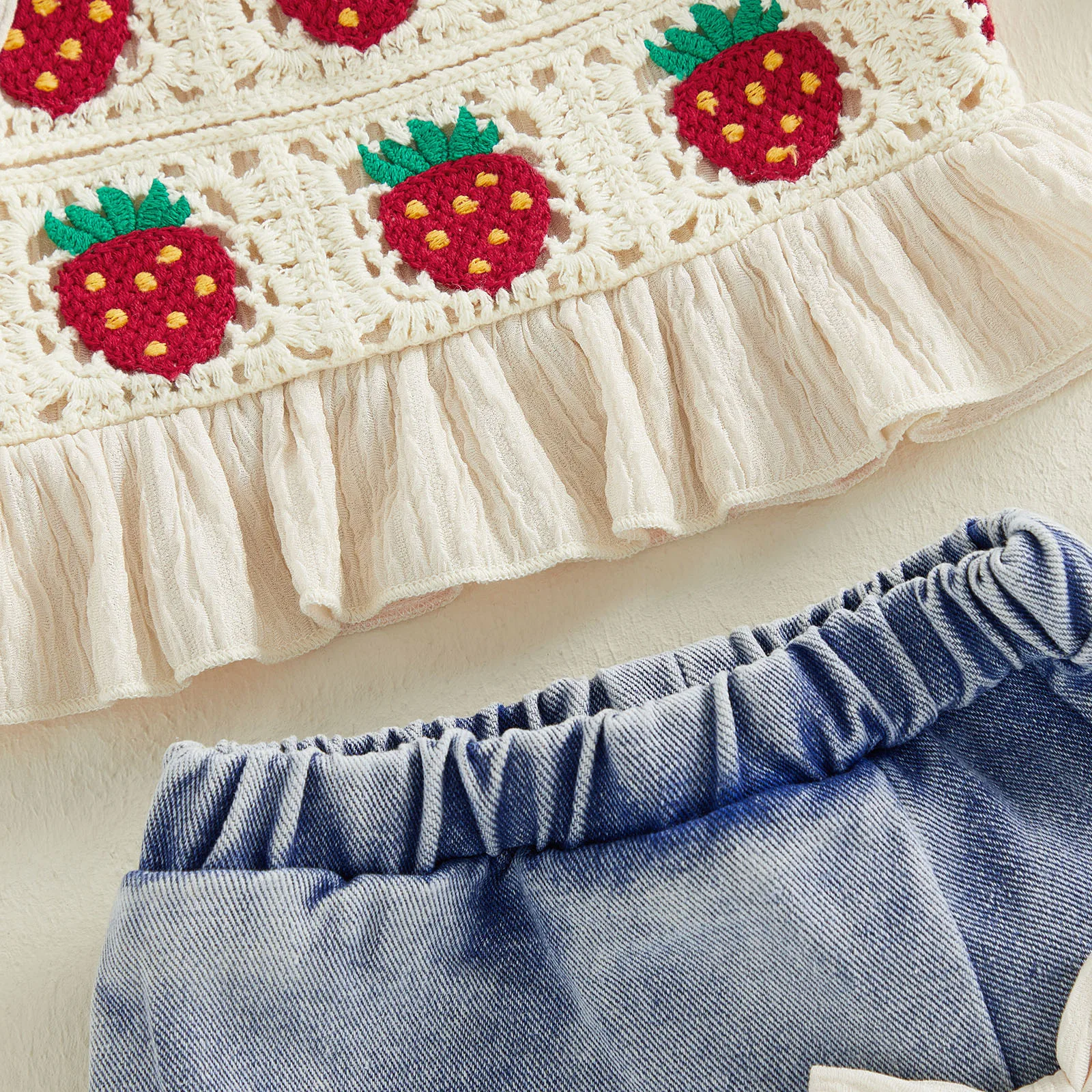 Conjunto verano bebé niña de algodón con falda pantalón vaquera y lazo - imagen 3