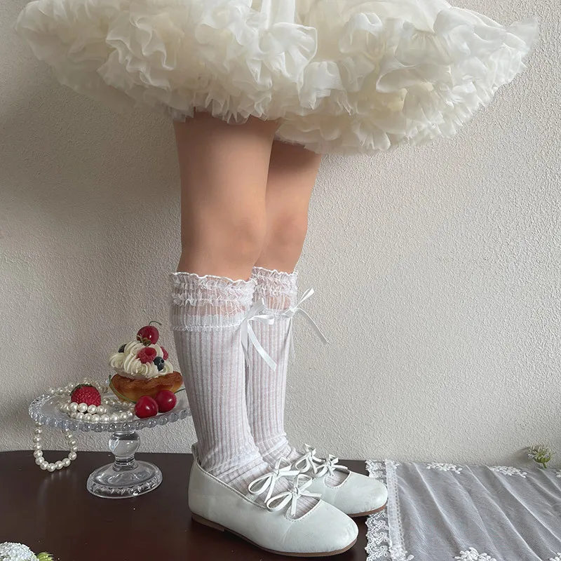 Calcetines altos de encaje con lazo y volantes para niñas respirables - imagen 4
