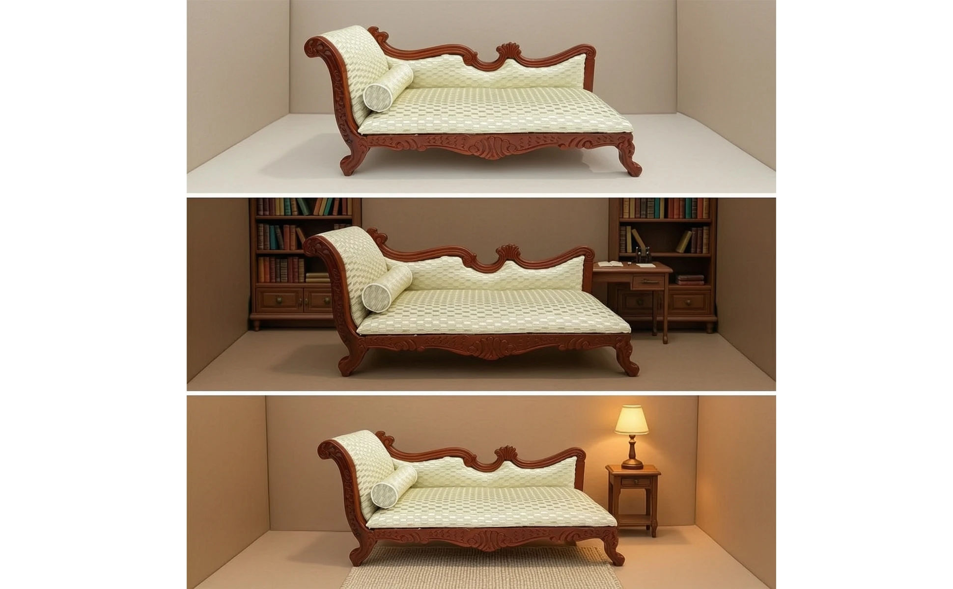 Sofá en miniatura vintage con respaldo curvado y patas ornamentadas