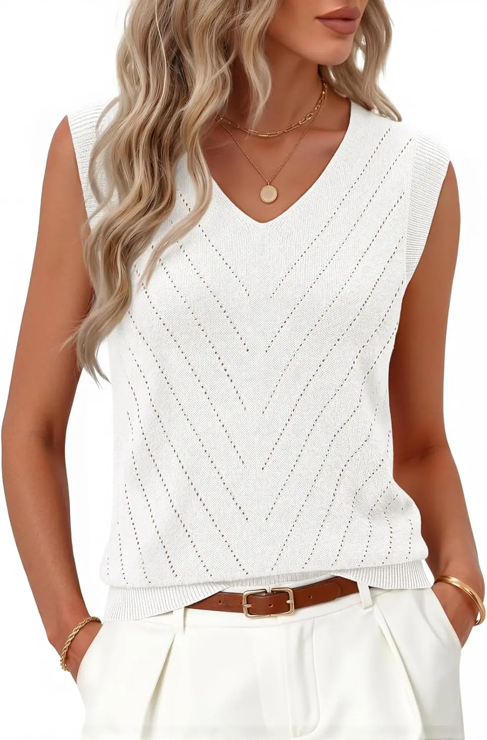 Top de punto sin mangas con cuello en V para niña, estilo elegante - imagen 4