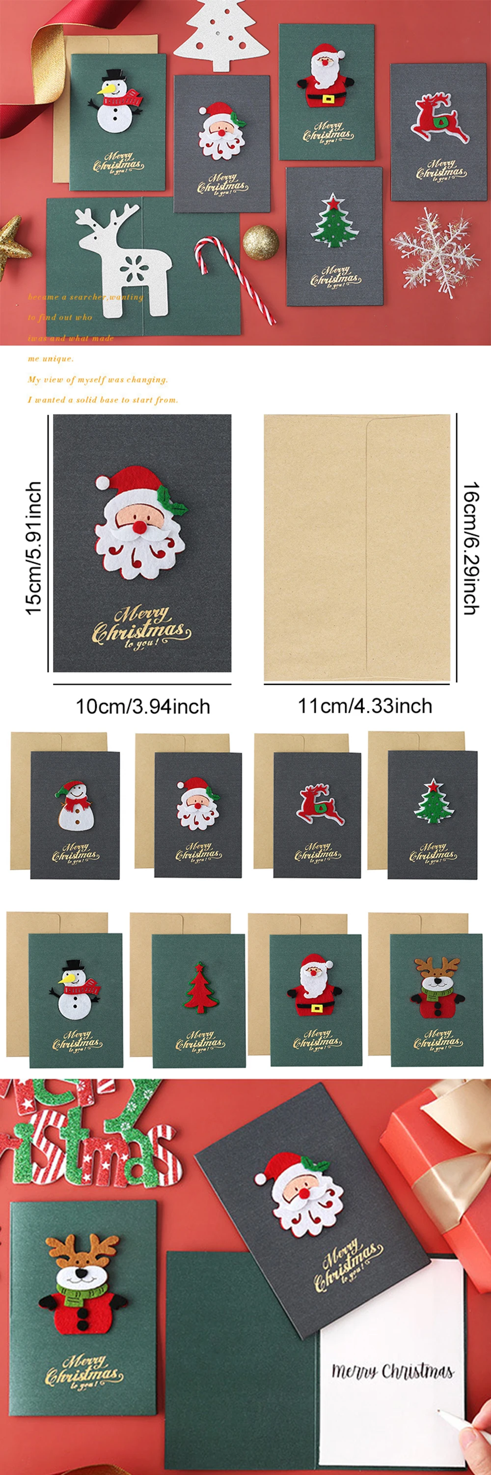 Tarjeta de felicitación navideña en papel nacarado gris con diseño 3D de fieltro