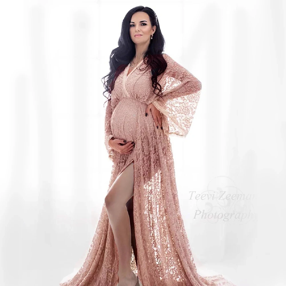 Vestido de embarazo bohemio con encaje y gasa cuello en V - imagen 3