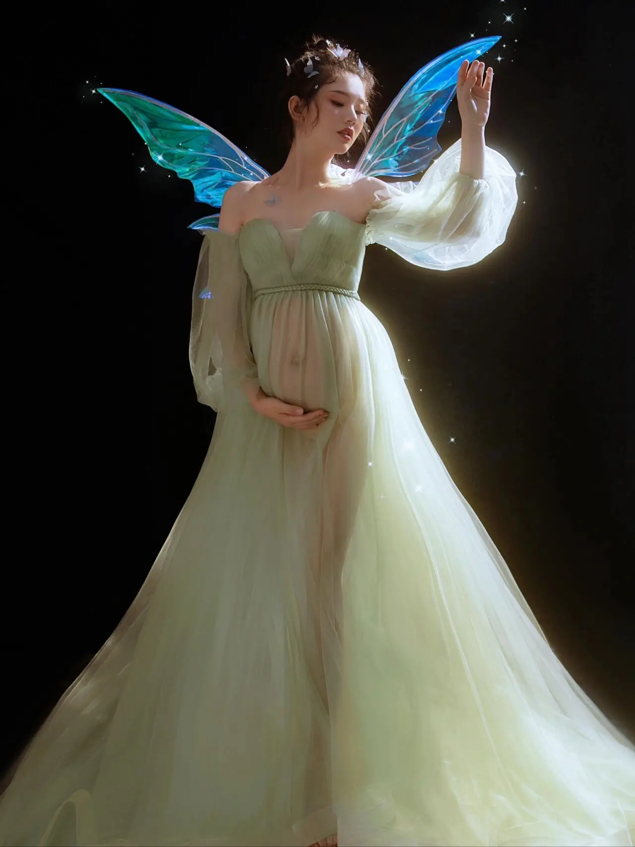 Vestido premamá verde bosque elegante para sesión de fotos - imagen 3