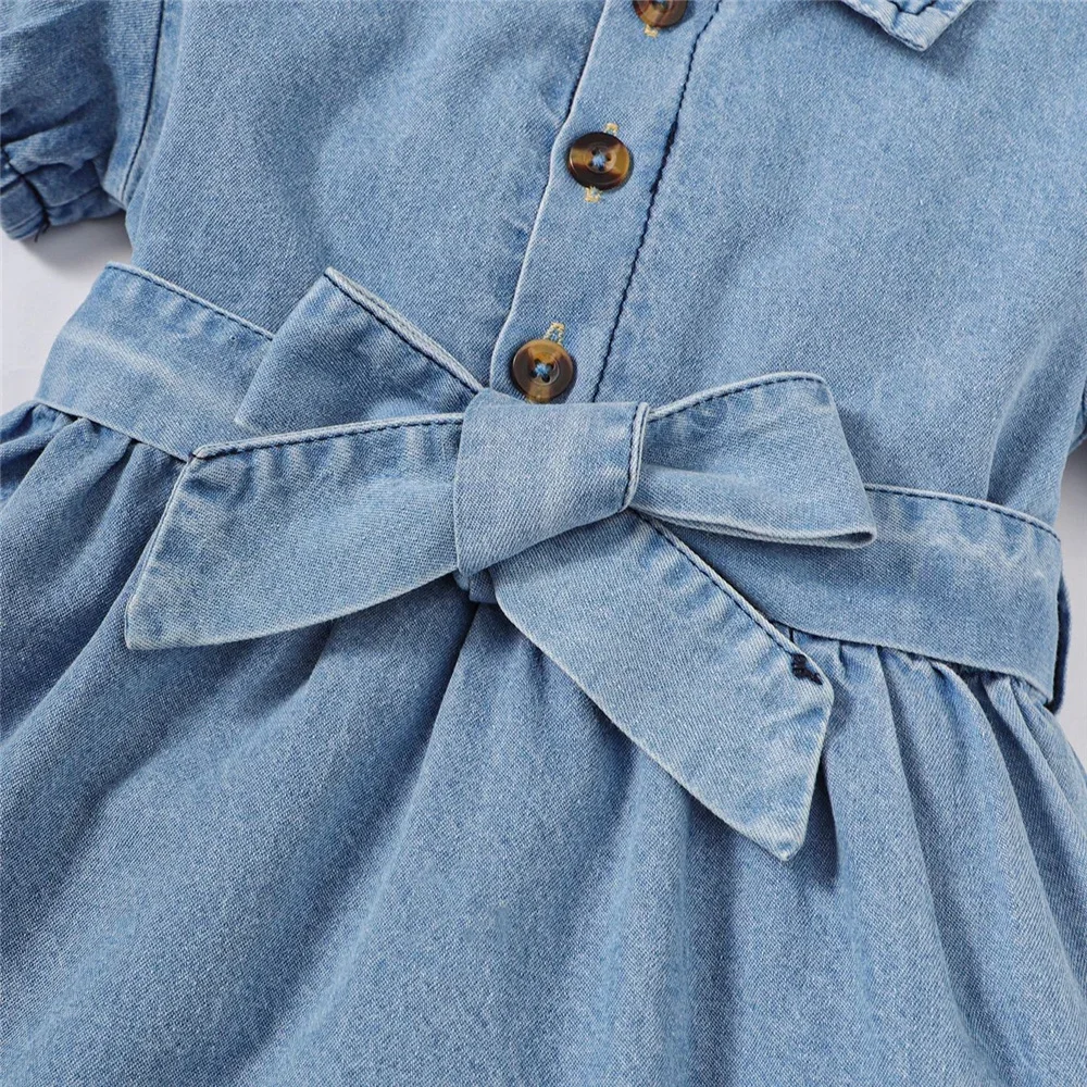 Vestido vaquero para niña – Manga de burbuja con cinturón - imagen 3
