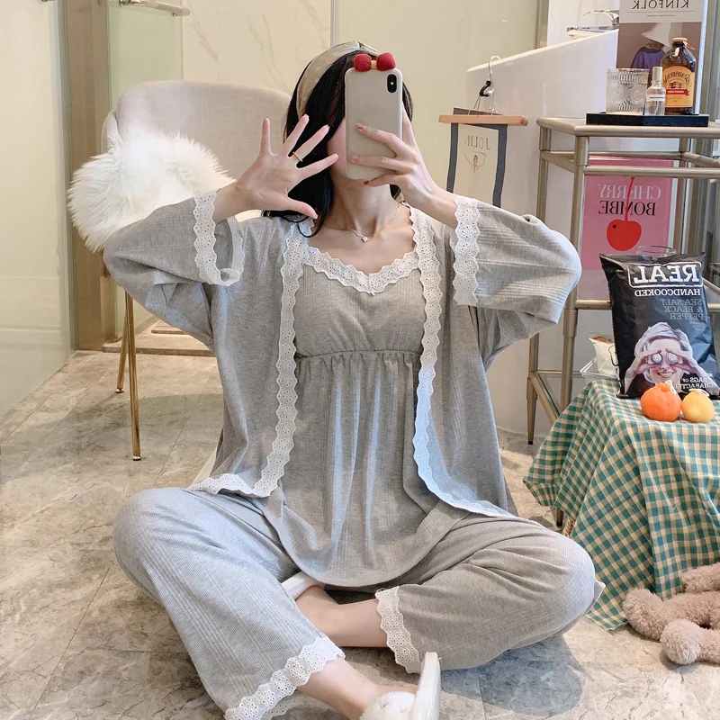 Pijama maternidad lactancia de algodón con encaje suave y cómodo - imagen 2