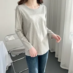Camiseta de lactancia manga larga gris jaspeado con apertura lateral
