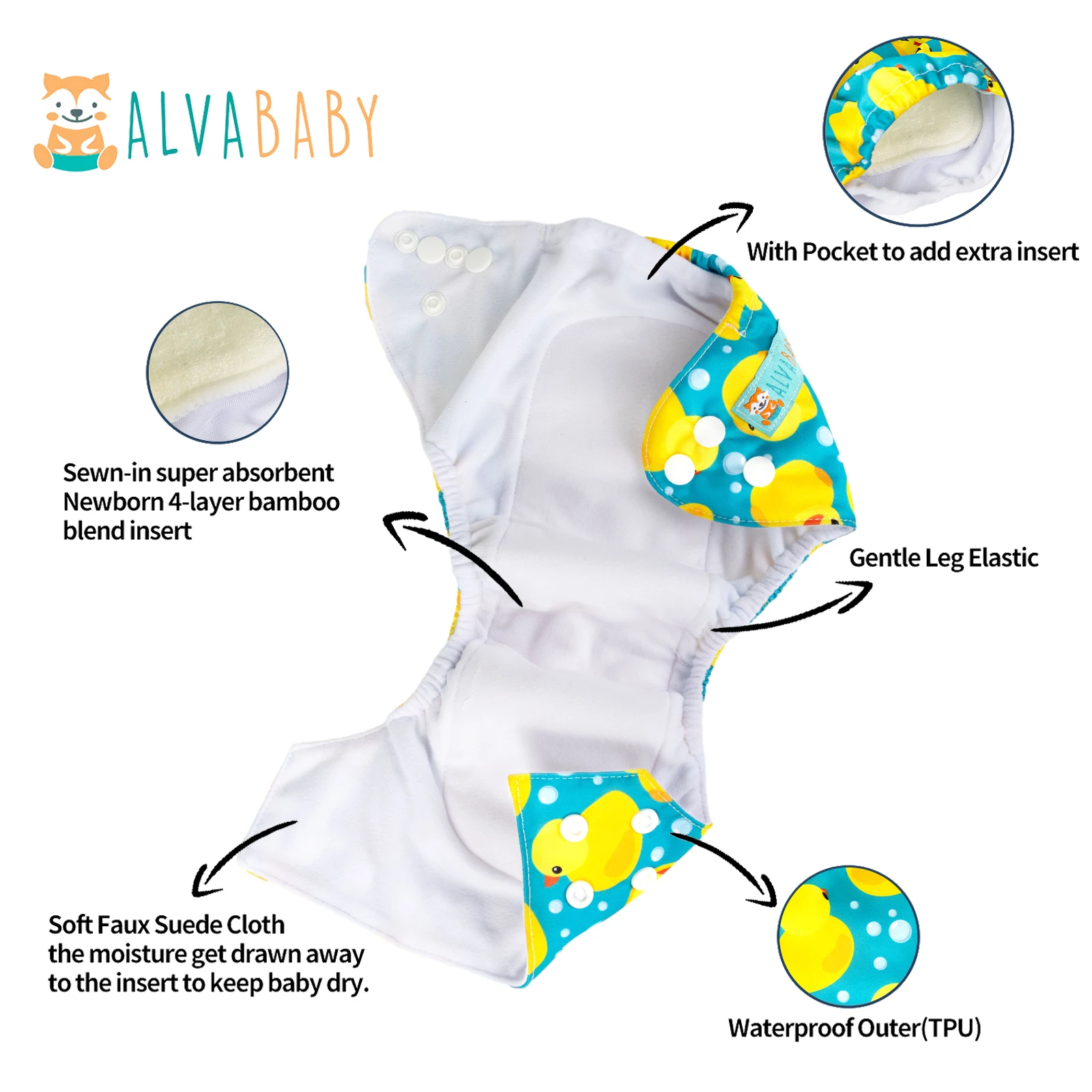ALVABABY Pañal tela reutilizable neonatal todo en uno con insertos bambú - imagen 5