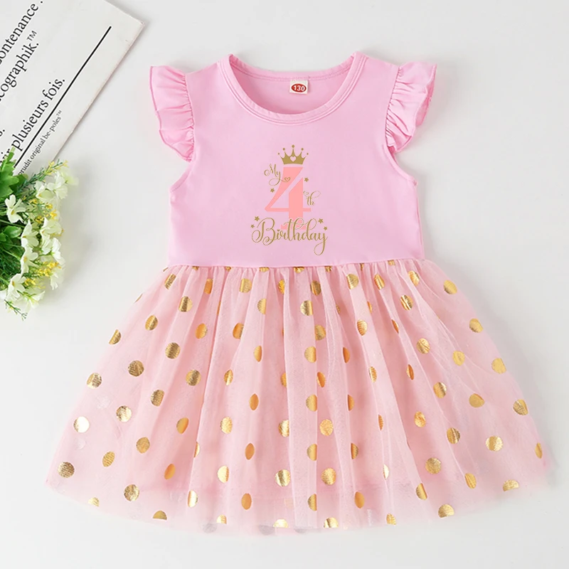 Vestido rosa con lunares dorados para niña – Fiesta de cumpleaños manga corta - imagen 3
