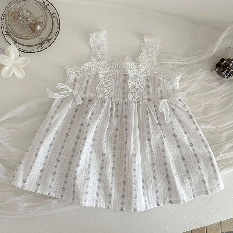 MILANCEL Vestido de verano para bebé con encaje y lazo floral